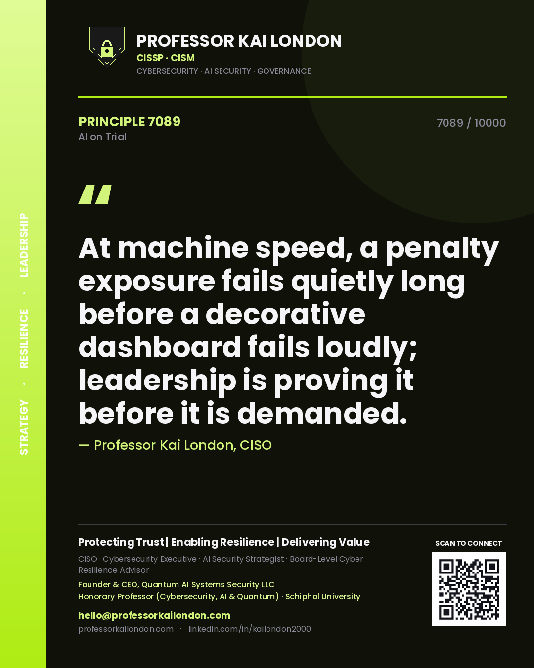 Quote card by Professor Kai London reading 'At machine speed, a penalty exposure fails quietly long before a decorative dashboard fails loudly; leadership is proving it before it is demanded.'. From the book AI on Trial.
