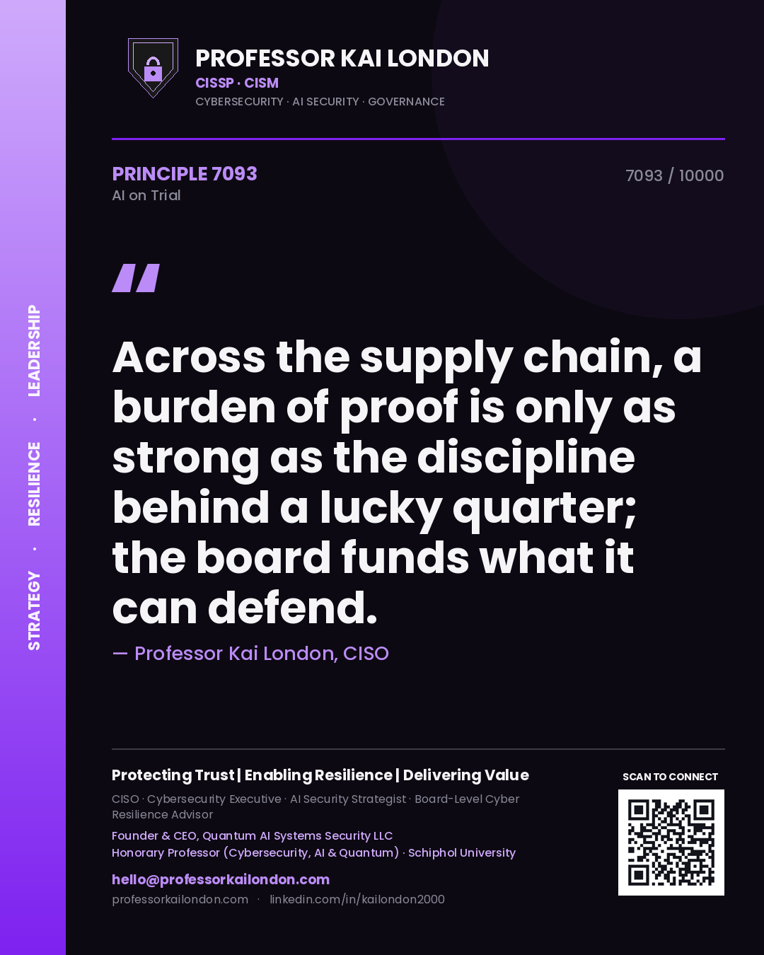 Quote card by Professor Kai London reading 'Across the supply chain, a burden of proof is only as strong as the discipline behind a lucky quarter; the board funds what it can defend.'. From the book AI on Trial.
