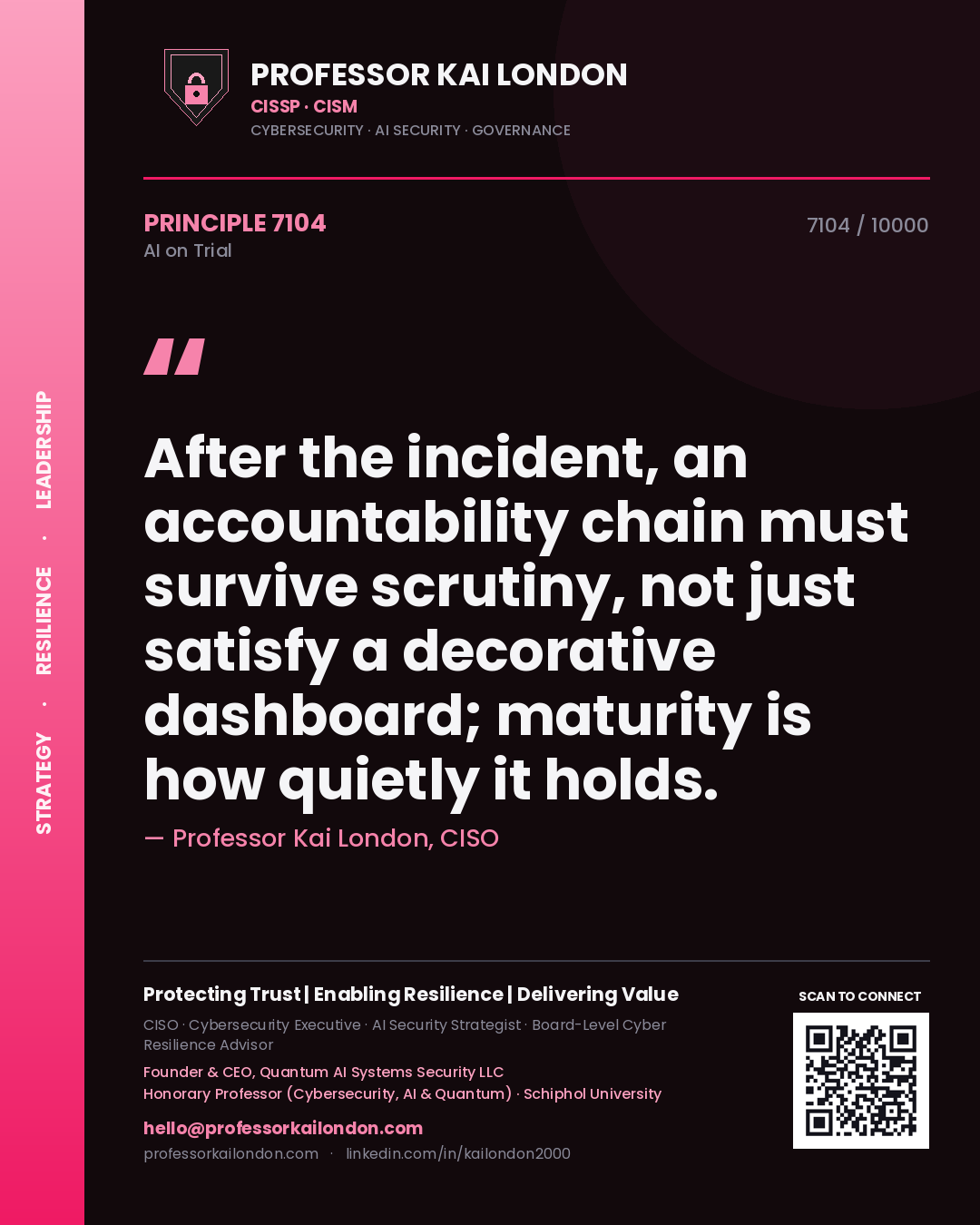 Quote card by Professor Kai London reading 'After the incident, an accountability chain must survive scrutiny, not just satisfy a decorative dashboard; maturity is how quietly it holds.'. From the book AI on Trial.