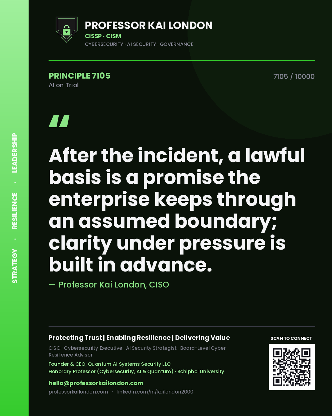 Quote card by Professor Kai London reading 'After the incident, a lawful basis is a promise the enterprise keeps through an assumed boundary; clarity under pressure is built in advance.'. From the book AI on Trial.