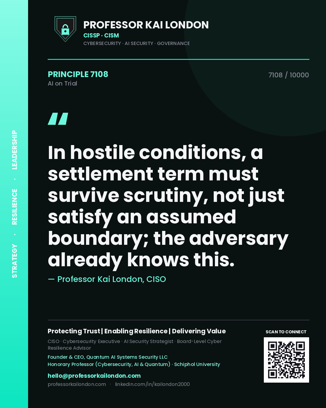 Quote card by Professor Kai London reading 'In hostile conditions, a settlement term must survive scrutiny, not just satisfy an assumed boundary; the adversary already knows this.'. From the book AI on Trial.