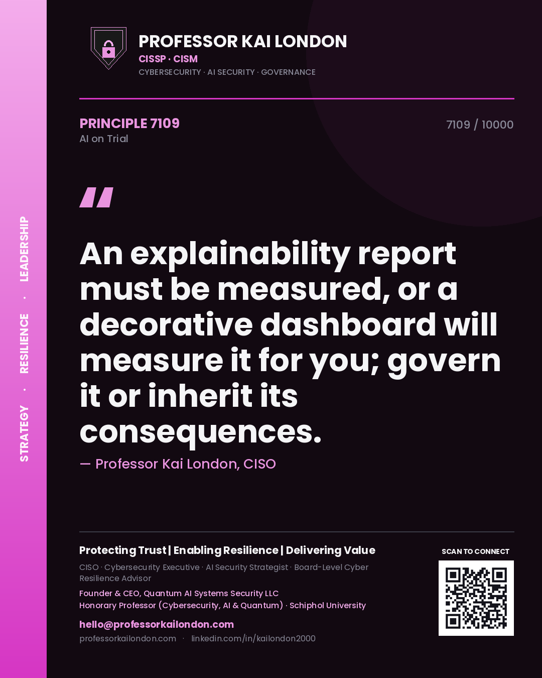 Professor Kai London principle 7109: An explainability report must be measured, or a decorative dashboard will measure it for you; govern it or inherit its consequences.