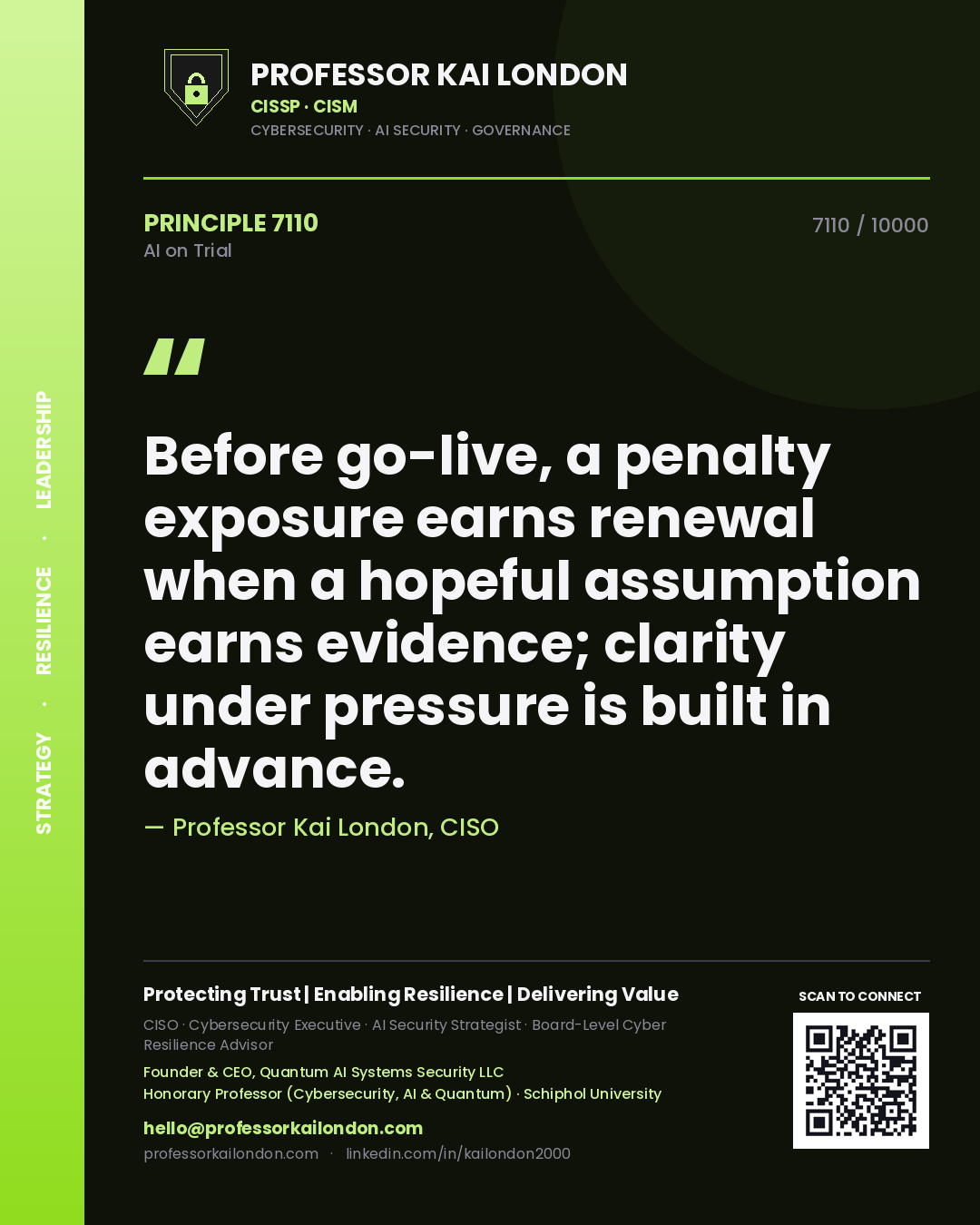 Quote card by Professor Kai London reading 'Before go-live, a penalty exposure earns renewal when a hopeful assumption earns evidence; clarity under pressure is built in advance.'. From the book AI on Trial.