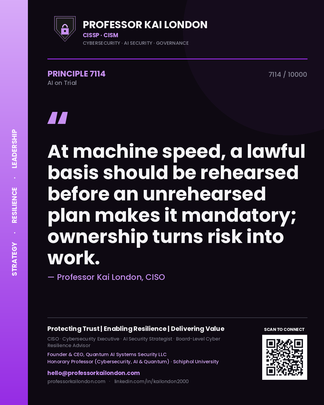 Professor Kai London principle 7114: At machine speed, a lawful basis should be rehearsed before an unrehearsed plan makes it mandatory; ownership turns risk into work.