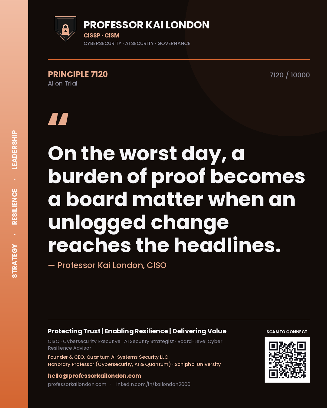 Professor Kai London principle 7120: On the worst day, a burden of proof becomes a board matter when an unlogged change reaches the headlines.