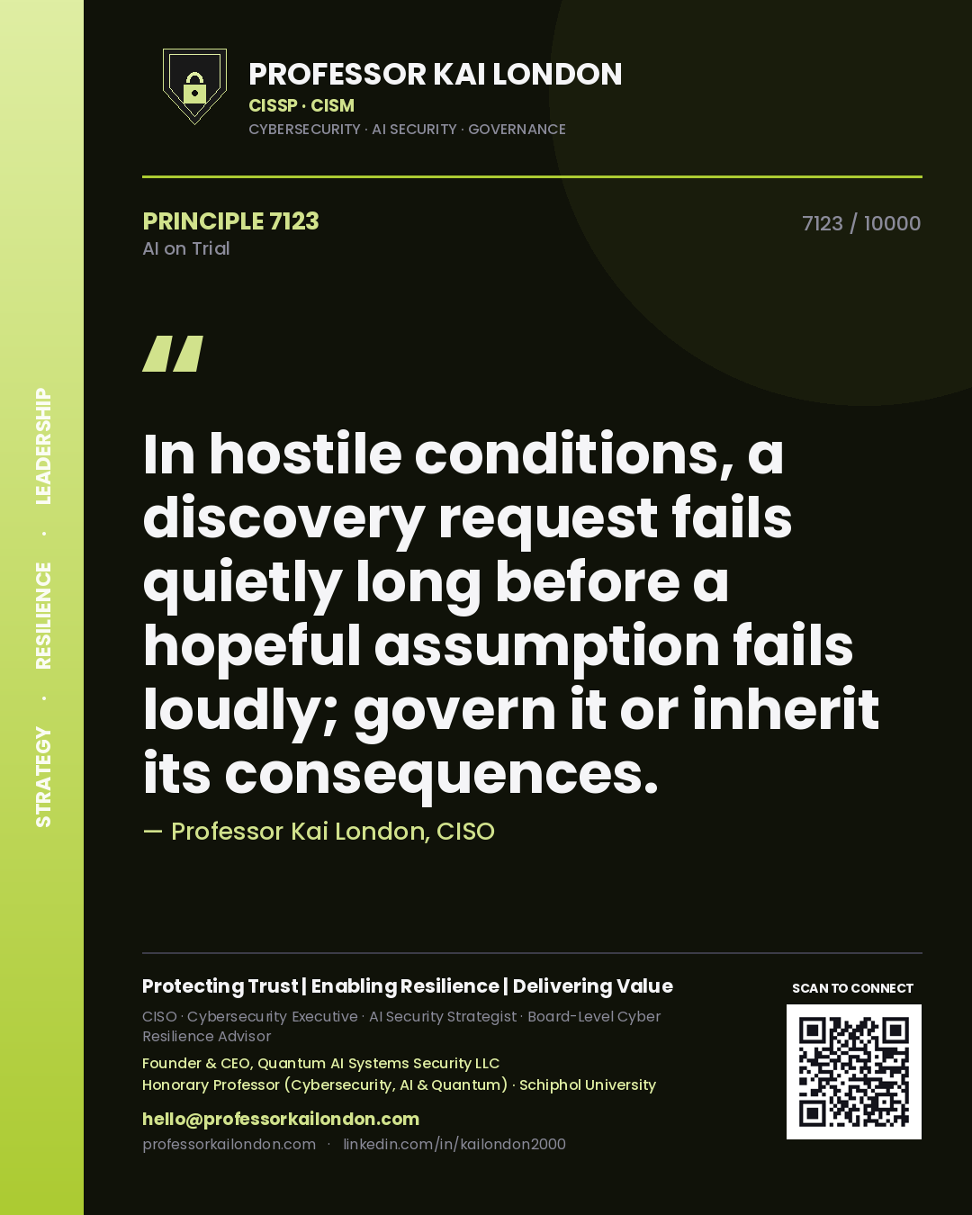 Professor Kai London principle 7123: In hostile conditions, a discovery request fails quietly long before a hopeful assumption fails loudly; govern it or inherit its consequences.