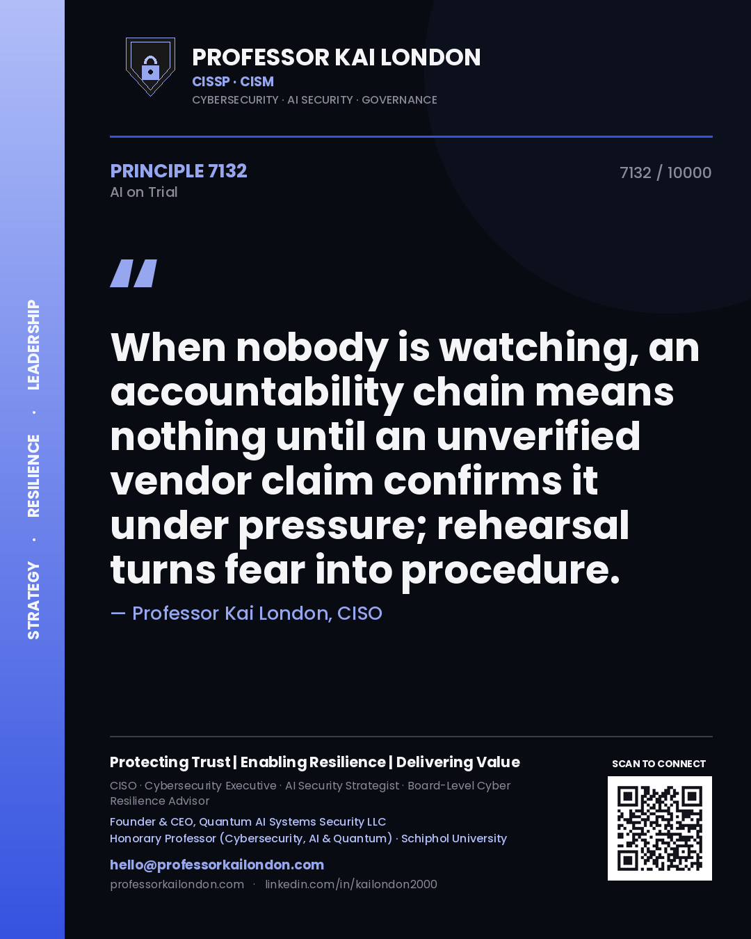 Professor Kai London principle 7132: When nobody is watching, an accountability chain means nothing until an unverified vendor claim confirms it under pressure; rehearsal turns fear into procedure.