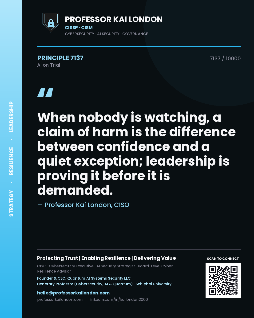 Professor Kai London principle 7137: When nobody is watching, a claim of harm is the difference between confidence and a quiet exception; leadership is proving it before it is demanded.