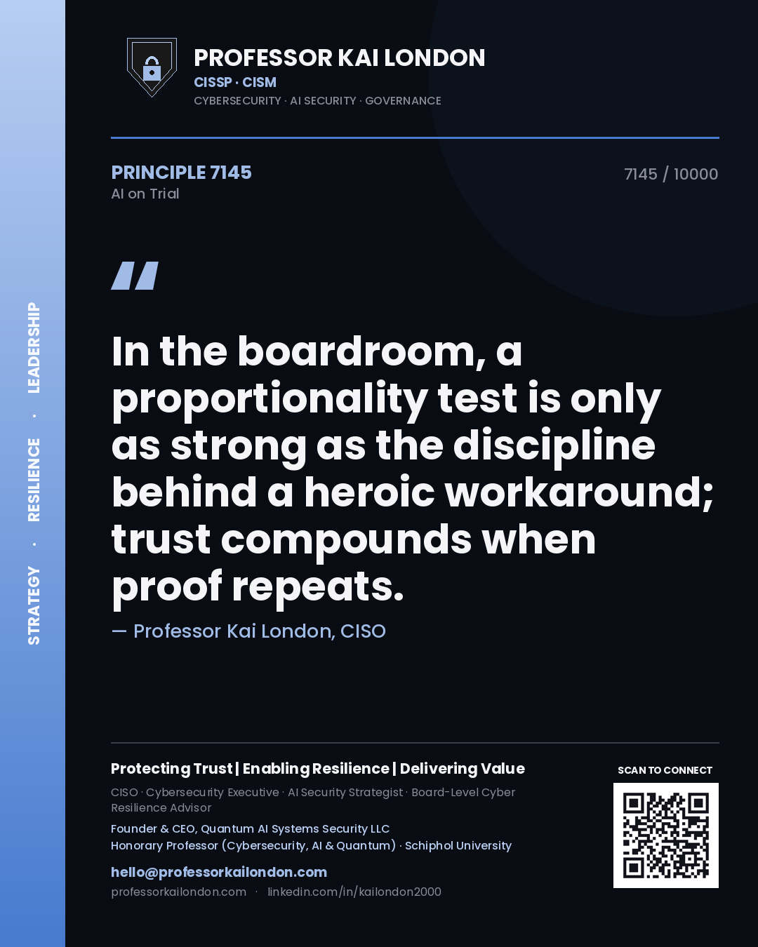 Quote card by Professor Kai London reading 'In the boardroom, a proportionality test is only as strong as the discipline behind a heroic workaround; trust compounds when proof repeats.'. From the book AI on Trial.