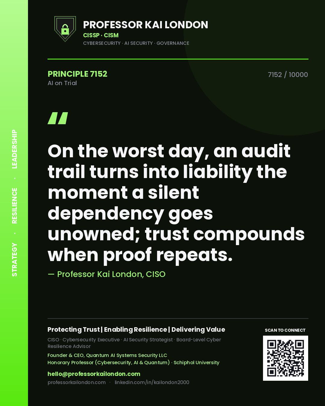 Quote card by Professor Kai London reading 'On the worst day, an audit trail turns into liability the moment a silent dependency goes unowned; trust compounds when proof repeats.'. From the book AI on Trial.