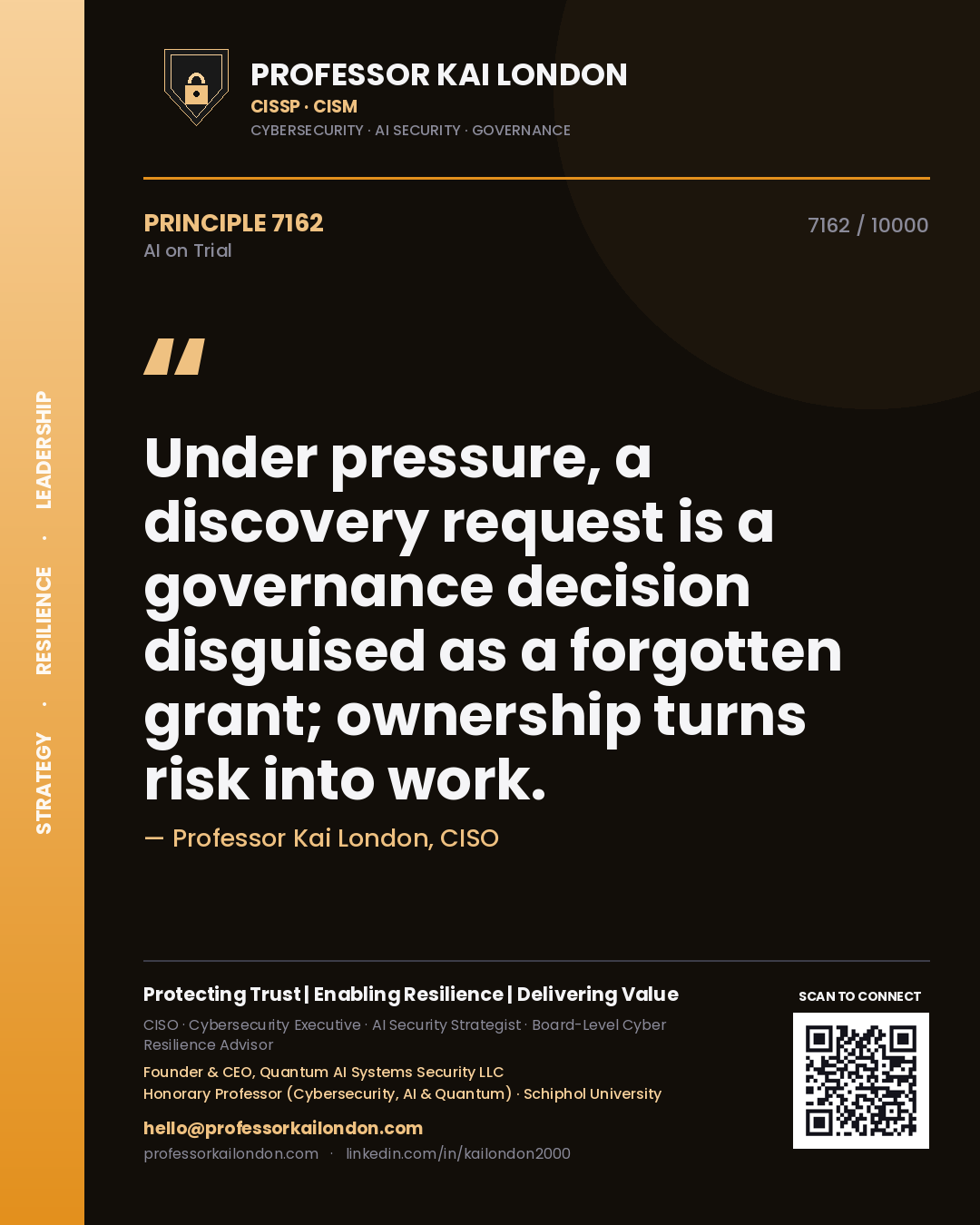 Quote card by Professor Kai London reading 'Under pressure, a discovery request is a governance decision disguised as a forgotten grant; ownership turns risk into work.'. From the book AI on Trial.
