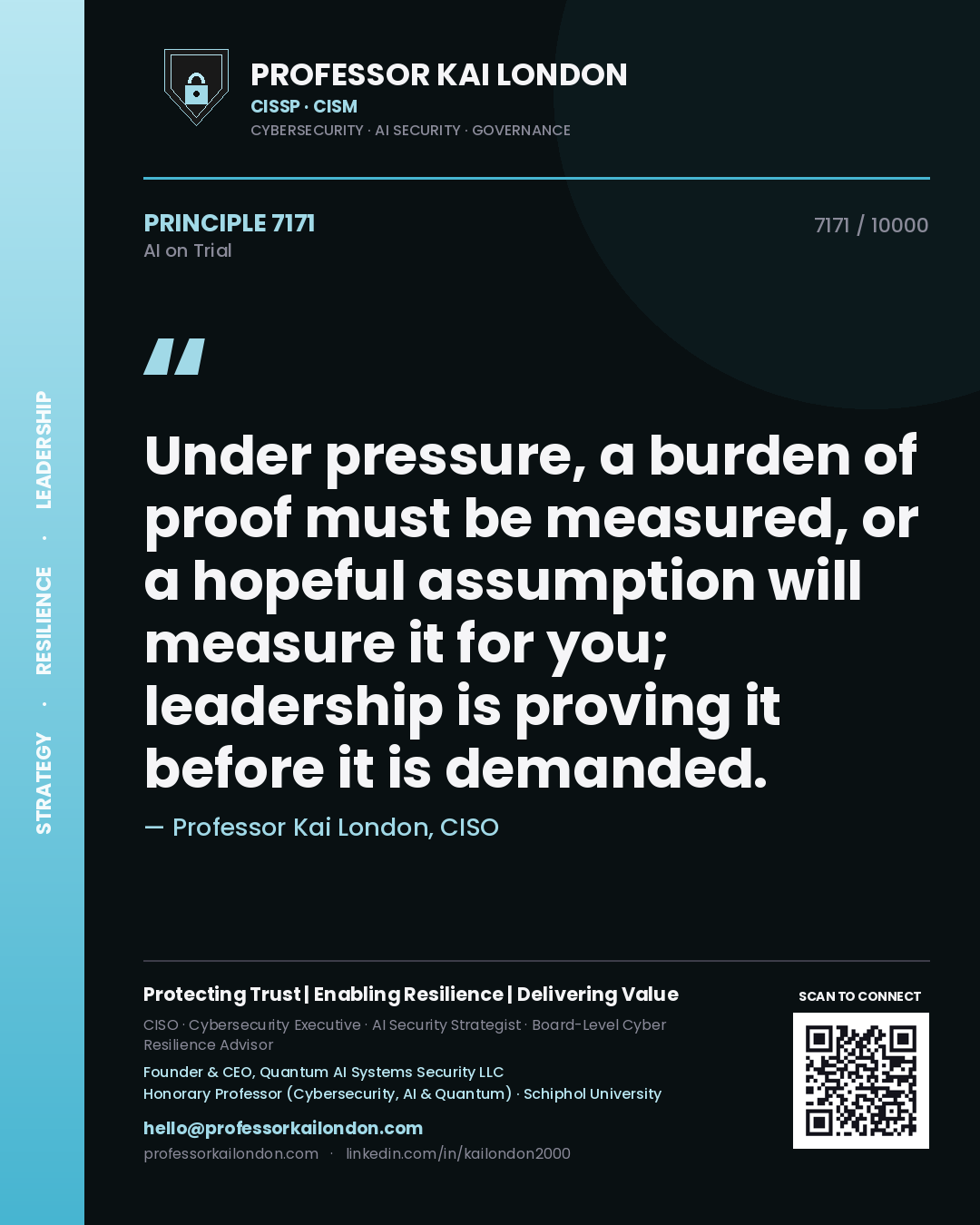 Quote card by Professor Kai London reading 'Under pressure, a burden of proof must be measured, or a hopeful assumption will measure it for you; leadership is proving it before it is demanded.'. From the book AI on Trial.