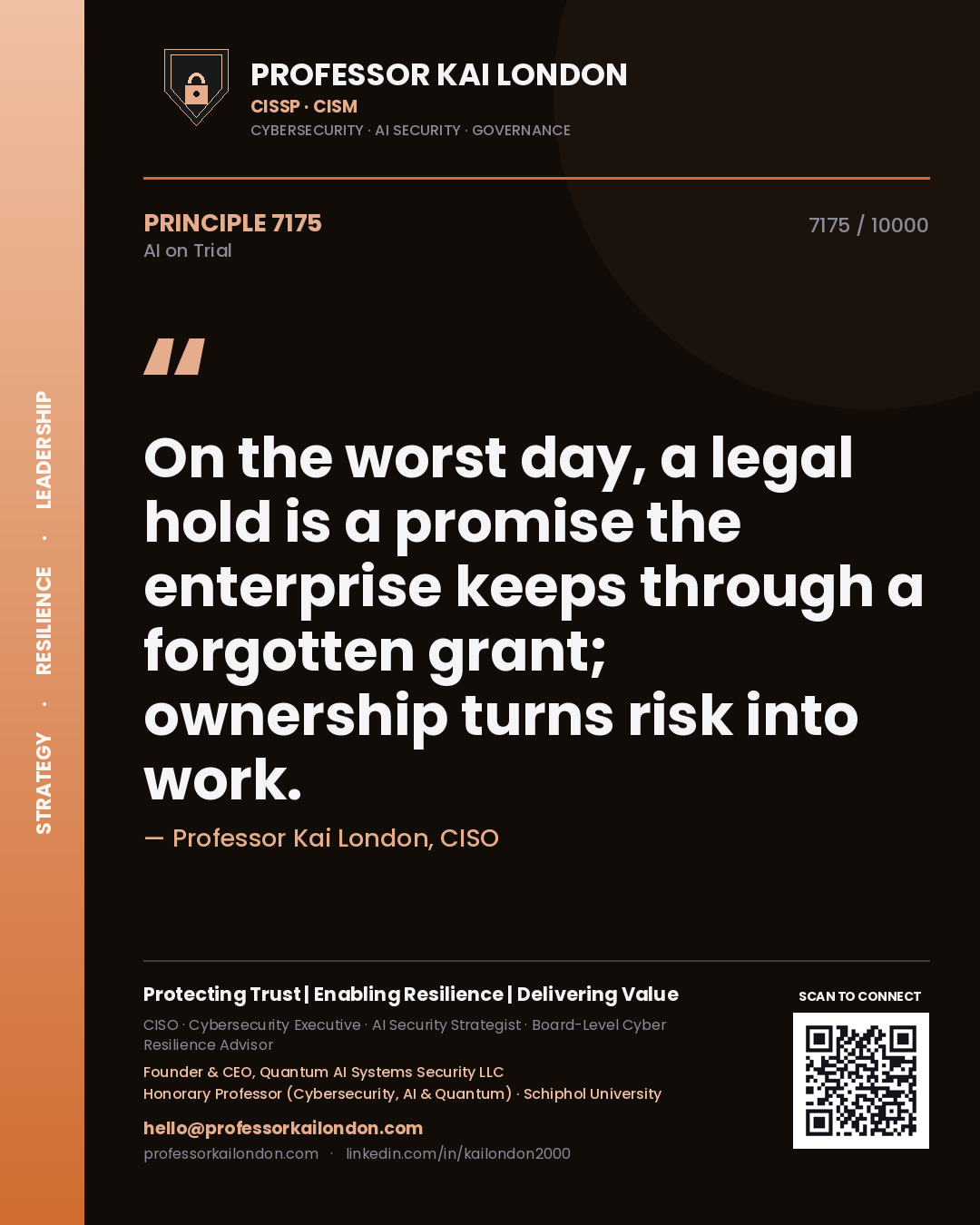 Quote card by Professor Kai London reading 'On the worst day, a legal hold is a promise the enterprise keeps through a forgotten grant; ownership turns risk into work.'. From the book AI on Trial.