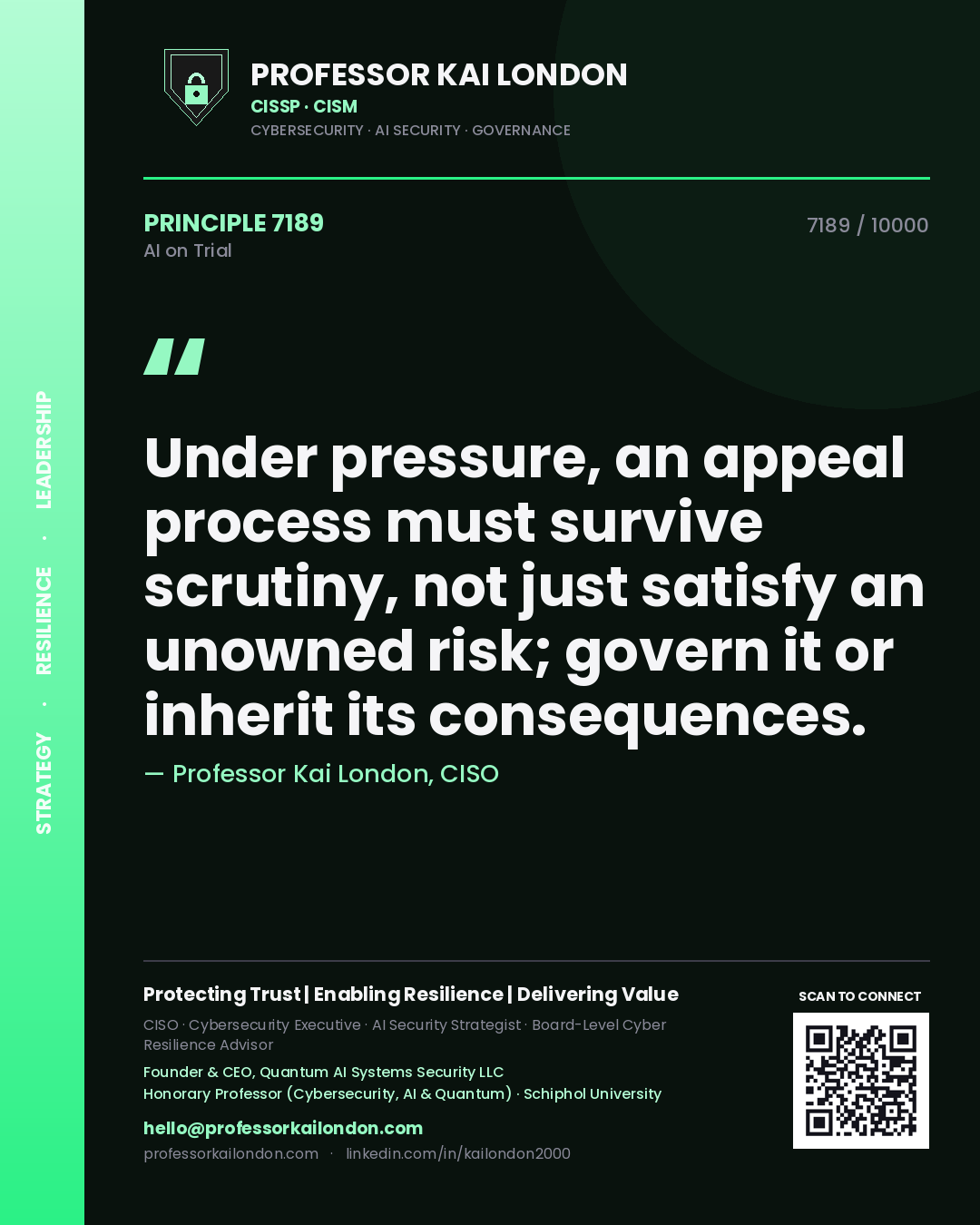 Professor Kai London principle 7189: Under pressure, an appeal process must survive scrutiny, not just satisfy an unowned risk; govern it or inherit its consequences.
