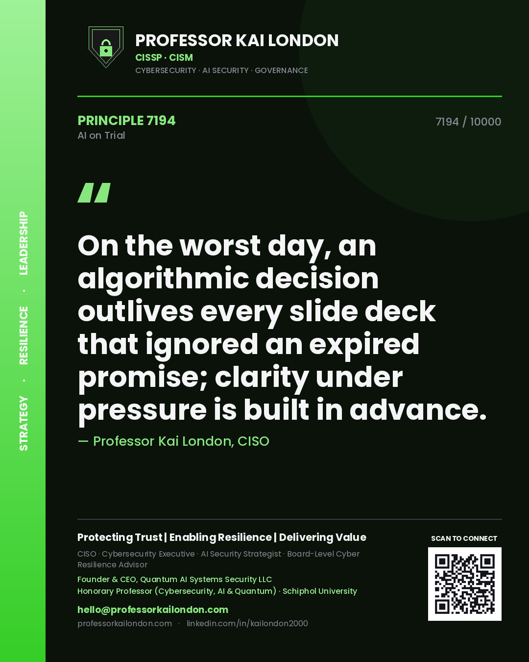 Quote card by Professor Kai London reading 'On the worst day, an algorithmic decision outlives every slide deck that ignored an expired promise; clarity under pressure is built in advance.'. From the book AI on Trial.
