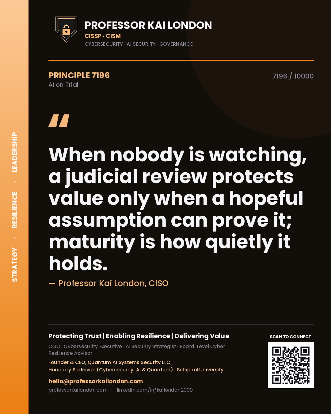 Quote card by Professor Kai London reading 'When nobody is watching, a judicial review protects value only when a hopeful assumption can prove it; maturity is how quietly it holds.'. From the book AI on Trial.
