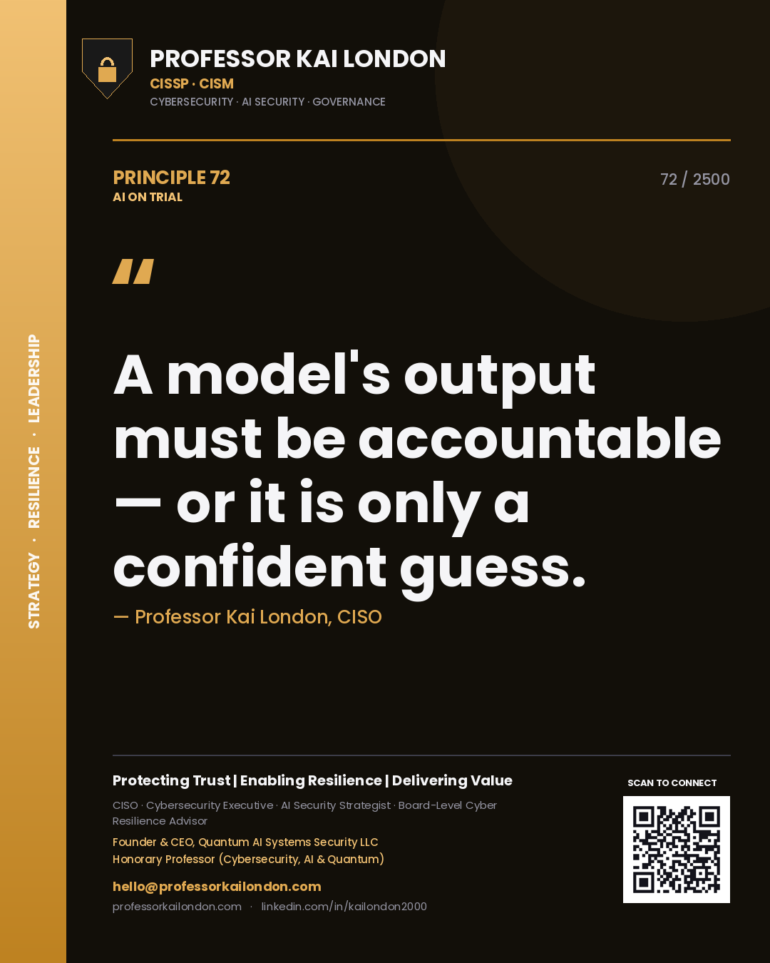 Professor Kai London principle 72: A model's output must be accountable — or it is only a confident guess.