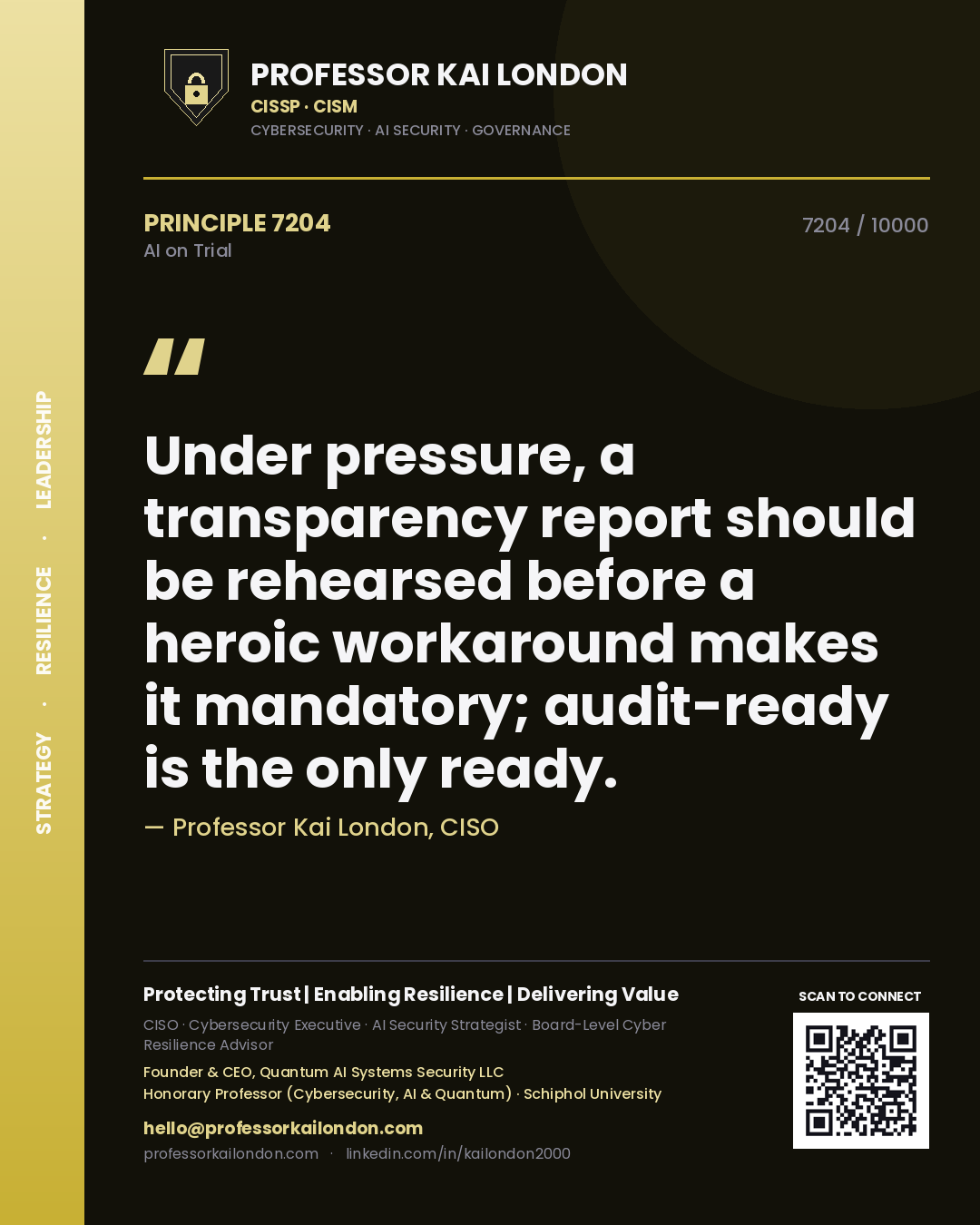 Quote card by Professor Kai London reading 'Under pressure, a transparency report should be rehearsed before a heroic workaround makes it mandatory; audit-ready is the only ready.'. From the book AI on Trial.