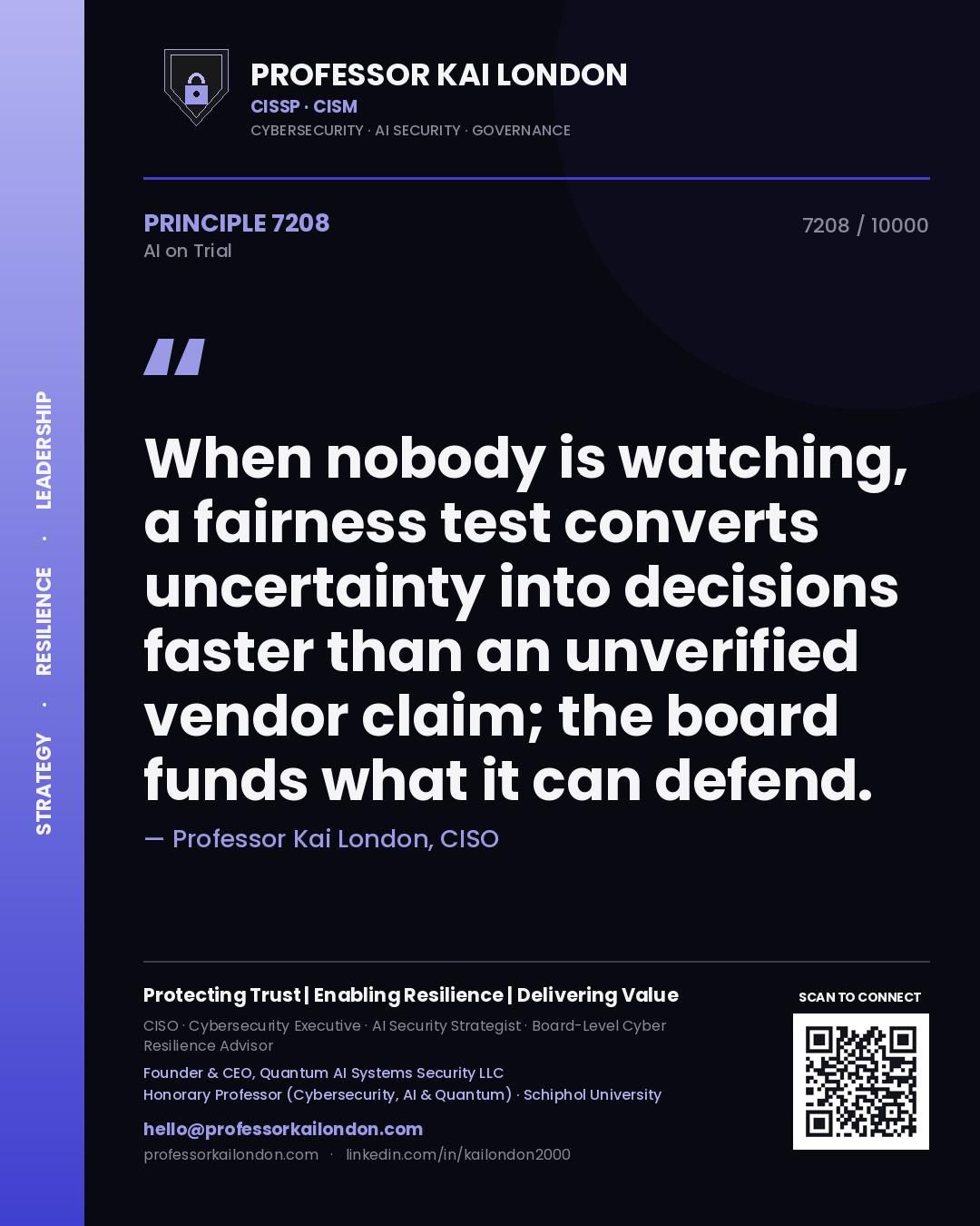 Professor Kai London principle 7208: When nobody is watching, a fairness test converts uncertainty into decisions faster than an unverified vendor claim; the board funds what it can defend.
