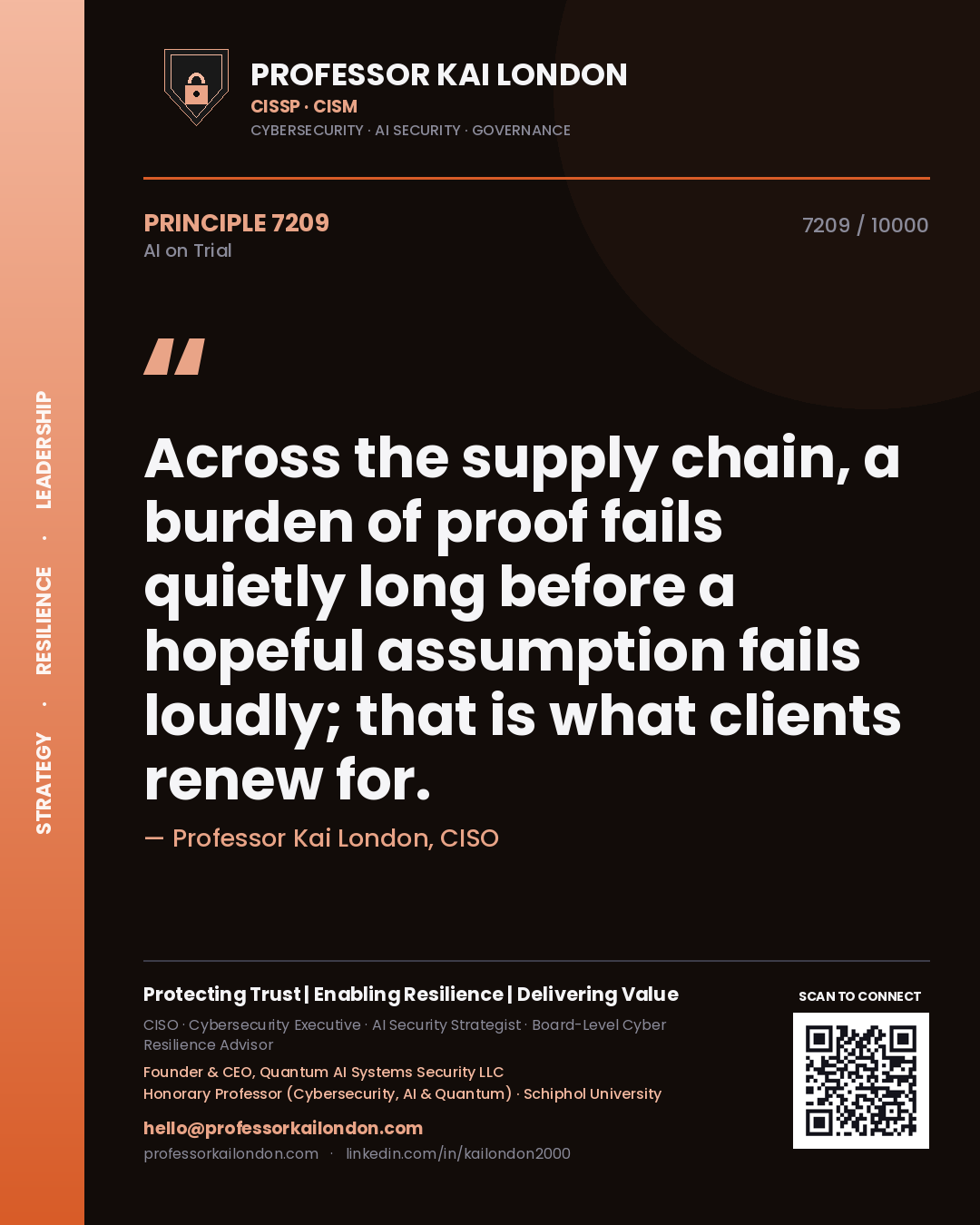 Quote card by Professor Kai London reading 'Across the supply chain, a burden of proof fails quietly long before a hopeful assumption fails loudly; that is what clients renew for.'. From the book AI on Trial.