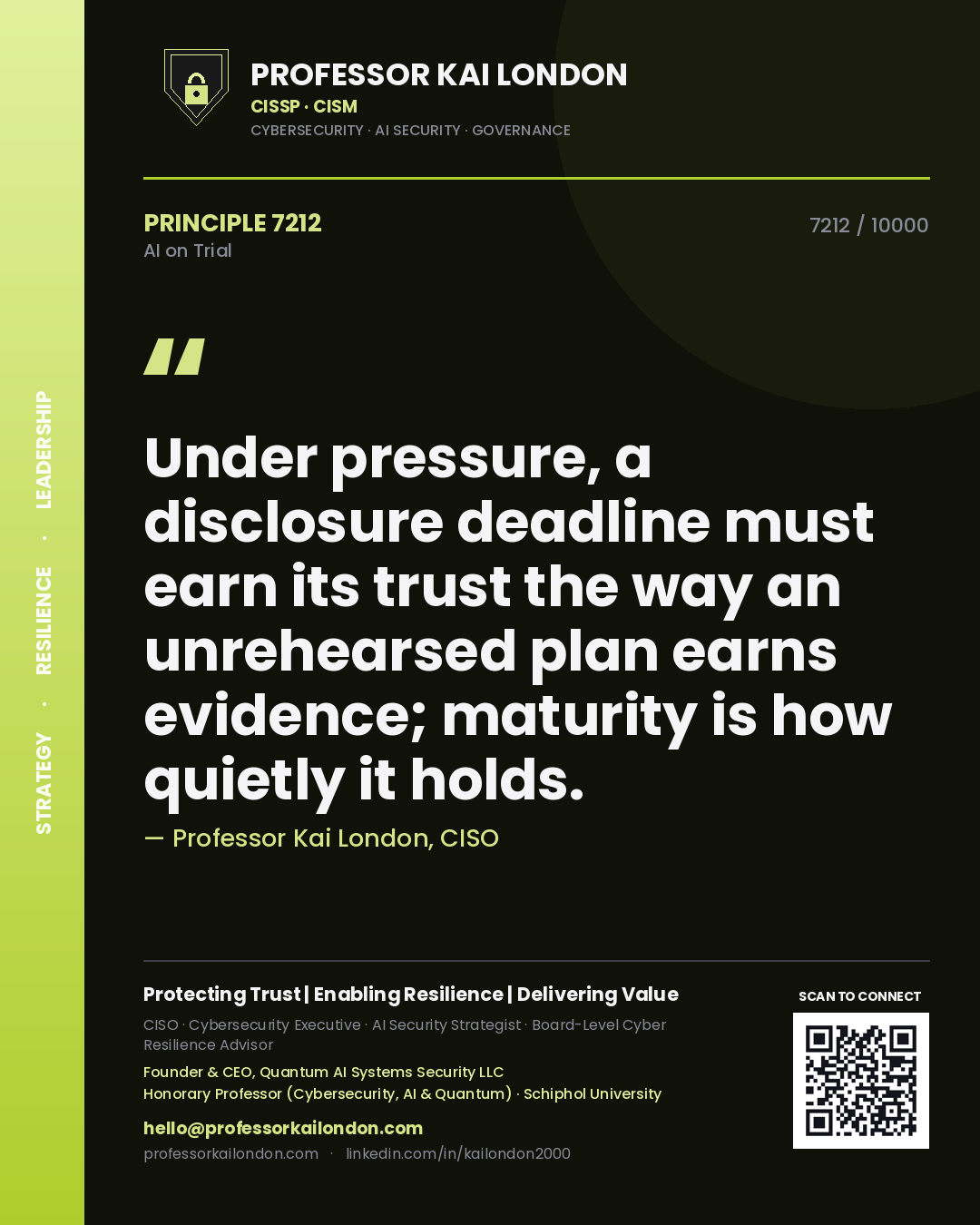 Quote card by Professor Kai London reading 'Under pressure, a disclosure deadline must earn its trust the way an unrehearsed plan earns evidence; maturity is how quietly it holds.'. From the book AI on Trial.