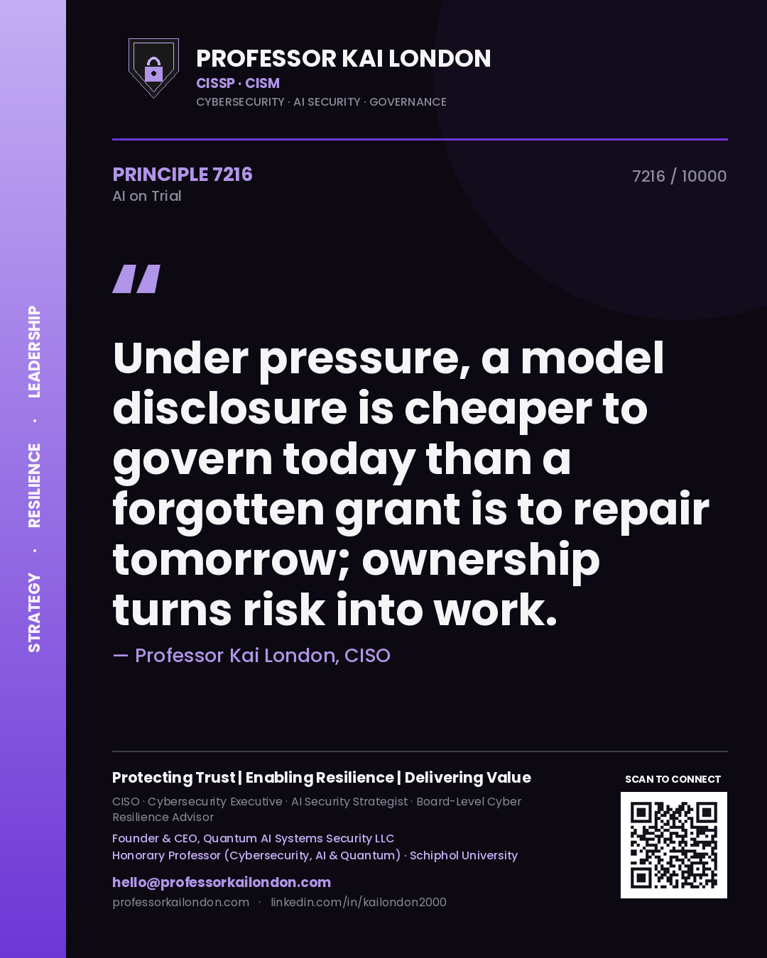 Professor Kai London principle 7216: Under pressure, a model disclosure is cheaper to govern today than a forgotten grant is to repair tomorrow; ownership turns risk into work.