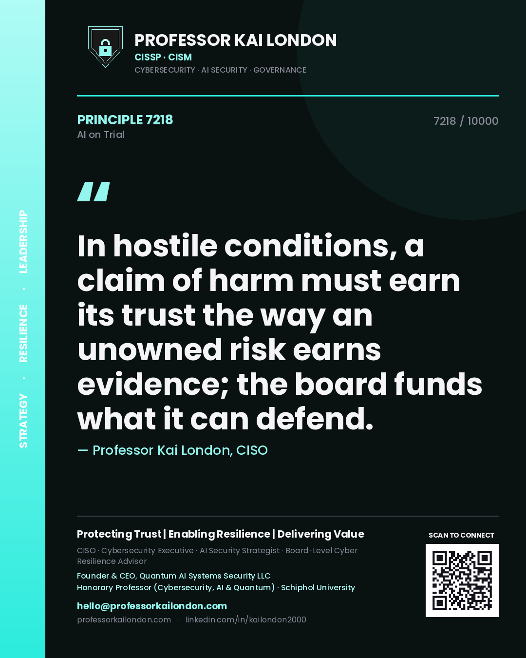 Quote card by Professor Kai London reading 'In hostile conditions, a claim of harm must earn its trust the way an unowned risk earns evidence; the board funds what it can defend.'. From the book AI on Trial.