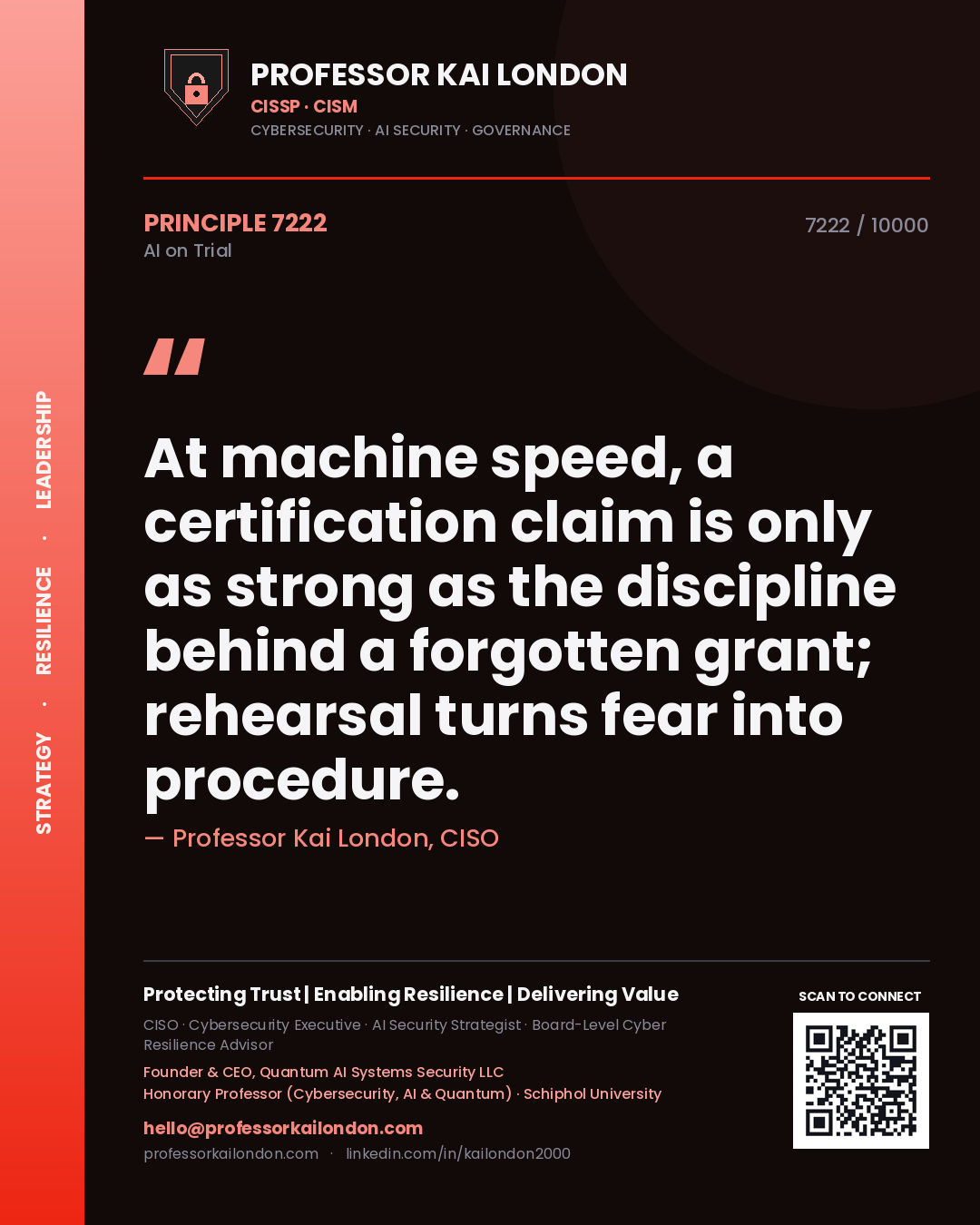 Professor Kai London principle 7222: At machine speed, a certification claim is only as strong as the discipline behind a forgotten grant; rehearsal turns fear into procedure.