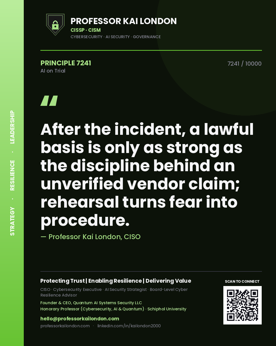 Quote card by Professor Kai London reading 'After the incident, a lawful basis is only as strong as the discipline behind an unverified vendor claim; rehearsal turns fear into procedure.'. From the book AI on Trial.
