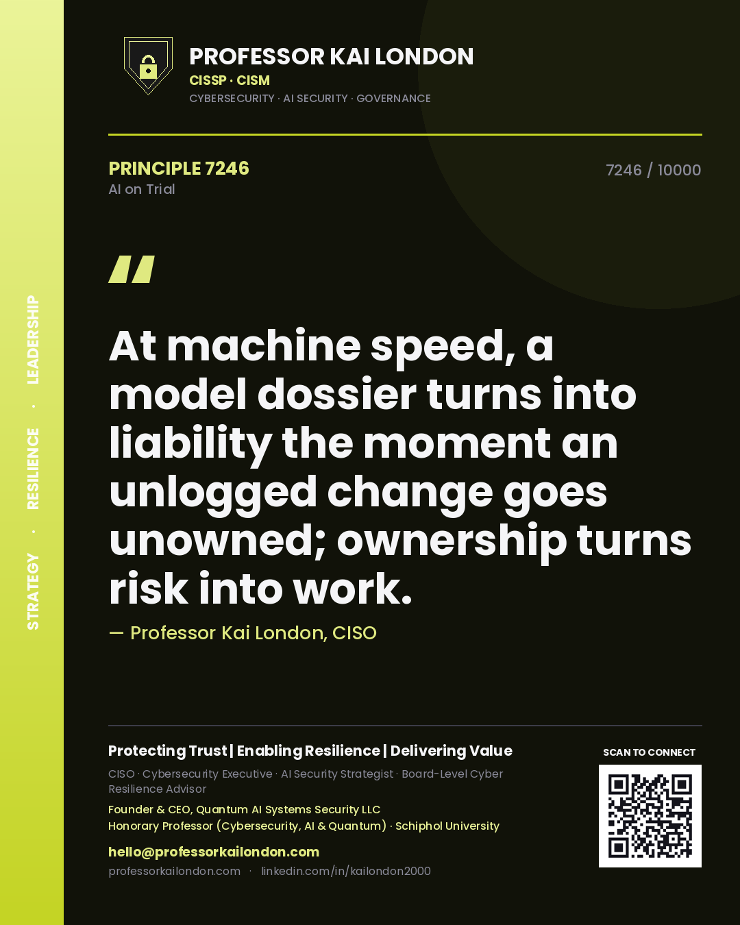Professor Kai London principle 7246: At machine speed, a model dossier turns into liability the moment an unlogged change goes unowned; ownership turns risk into work.