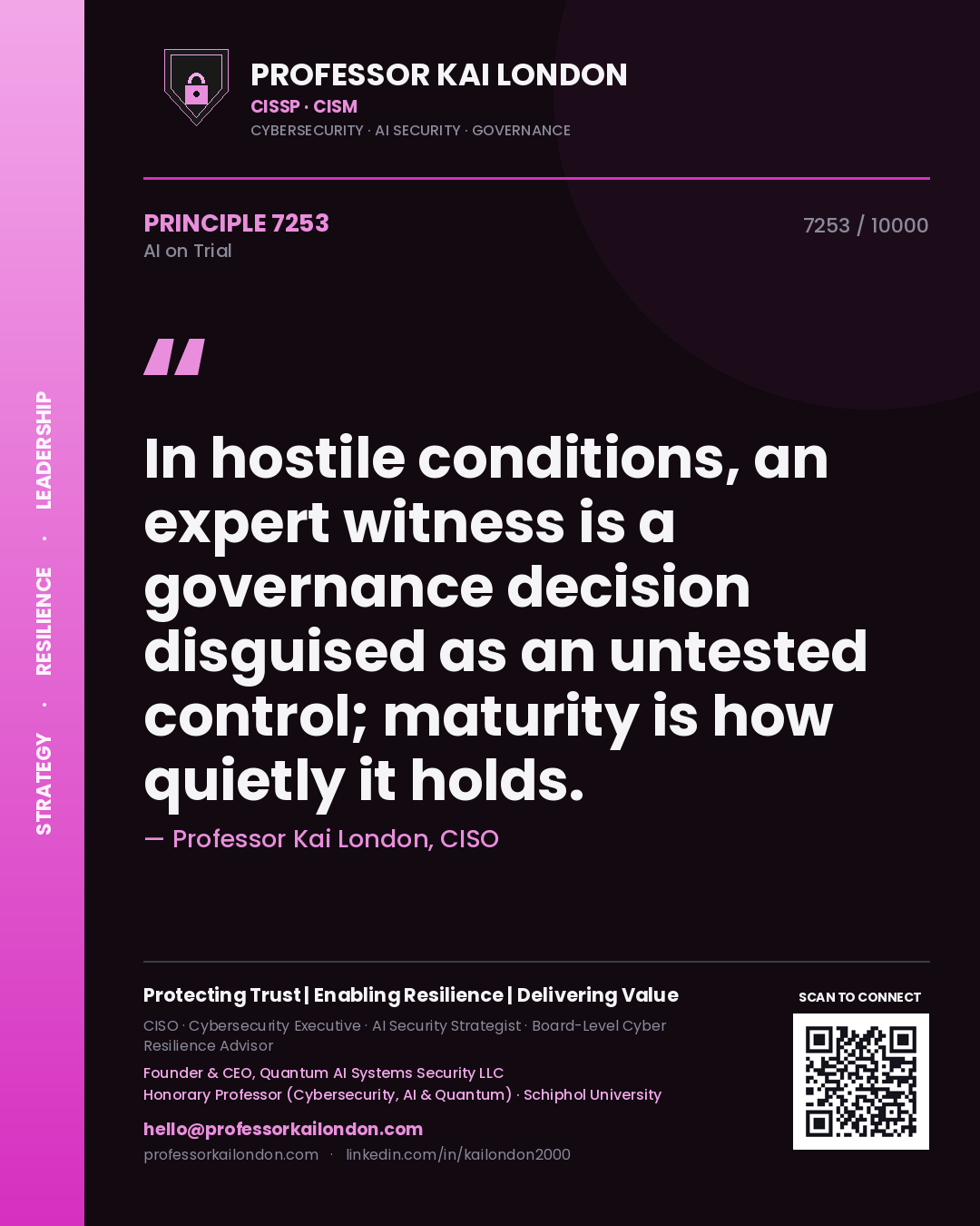 Professor Kai London principle 7253: In hostile conditions, an expert witness is a governance decision disguised as an untested control; maturity is how quietly it holds.