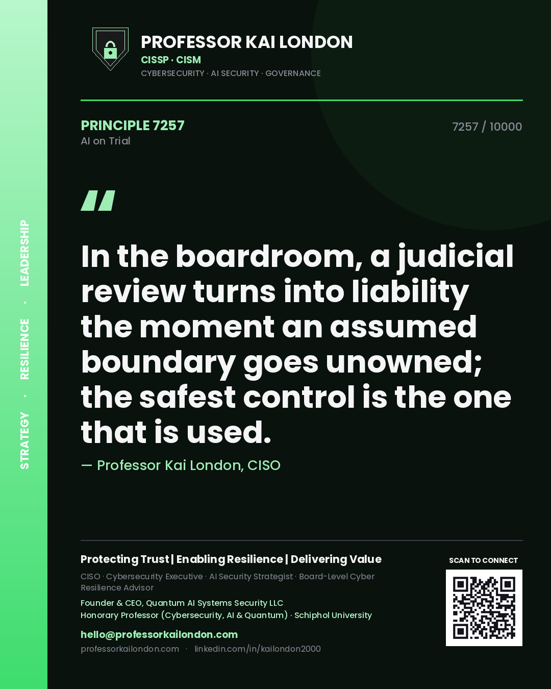 Quote card by Professor Kai London reading 'In the boardroom, a judicial review turns into liability the moment an assumed boundary goes unowned; the safest control is the one that is used.'. From the book AI on Trial.