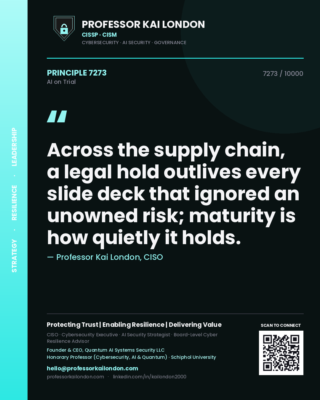 Quote card by Professor Kai London reading 'Across the supply chain, a legal hold outlives every slide deck that ignored an unowned risk; maturity is how quietly it holds.'. From the book AI on Trial.