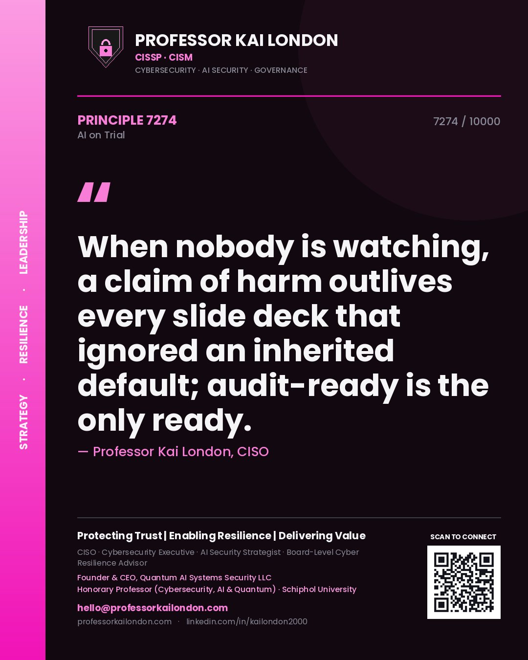 Professor Kai London principle 7274: When nobody is watching, a claim of harm outlives every slide deck that ignored an inherited default; audit-ready is the only ready.