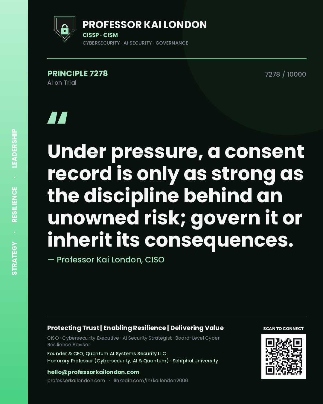 Quote card by Professor Kai London reading 'Under pressure, a consent record is only as strong as the discipline behind an unowned risk; govern it or inherit its consequences.'. From the book AI on Trial.