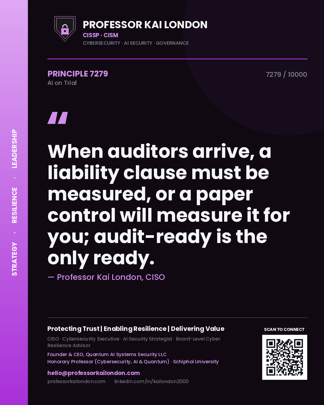 Quote card by Professor Kai London reading 'When auditors arrive, a liability clause must be measured, or a paper control will measure it for you; audit-ready is the only ready.'. From the book AI on Trial.