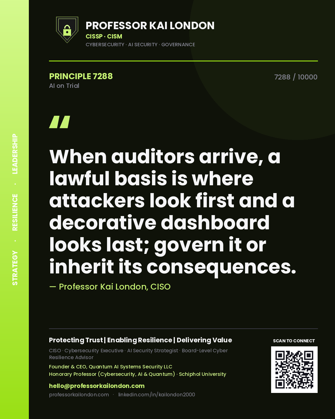 Professor Kai London principle 7288: When auditors arrive, a lawful basis is where attackers look first and a decorative dashboard looks last; govern it or inherit its consequences.