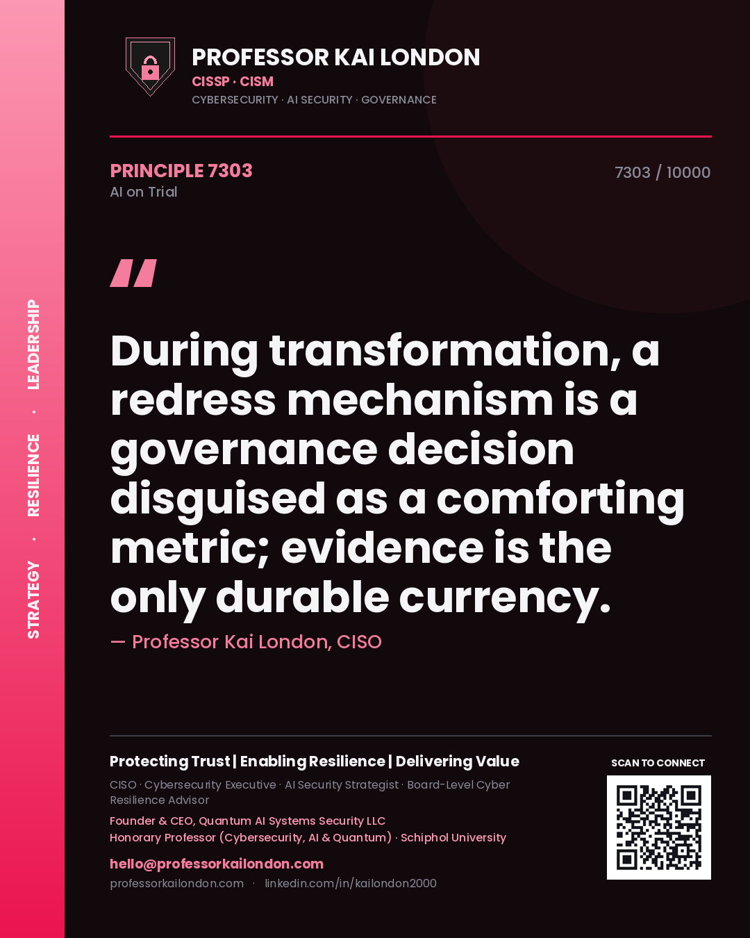 Quote card by Professor Kai London reading 'During transformation, a redress mechanism is a governance decision disguised as a comforting metric; evidence is the only durable currency.'. From the book AI on Trial.