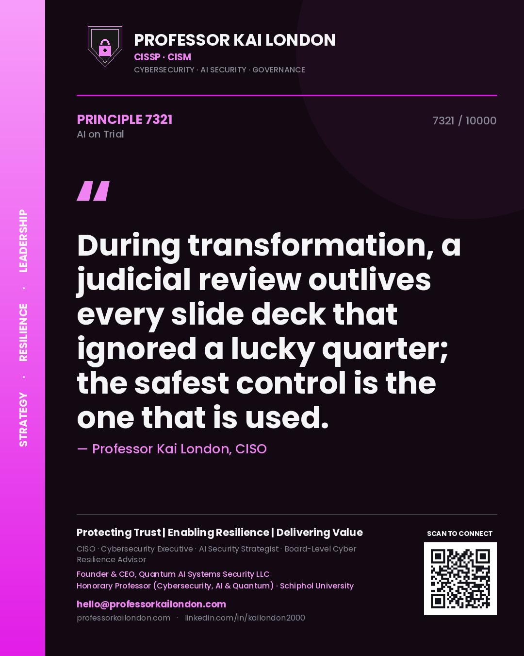 Professor Kai London principle 7321: During transformation, a judicial review outlives every slide deck that ignored a lucky quarter; the safest control is the one that is used.