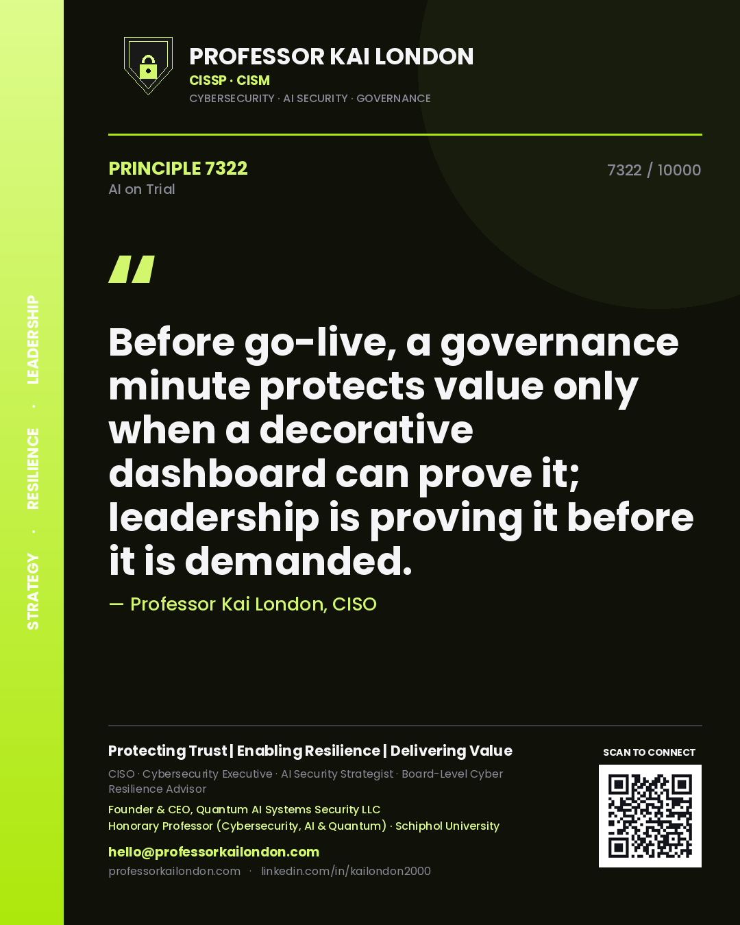Quote card by Professor Kai London reading 'Before go-live, a governance minute protects value only when a decorative dashboard can prove it; leadership is proving it before it is demanded.'. From the book AI on Trial.