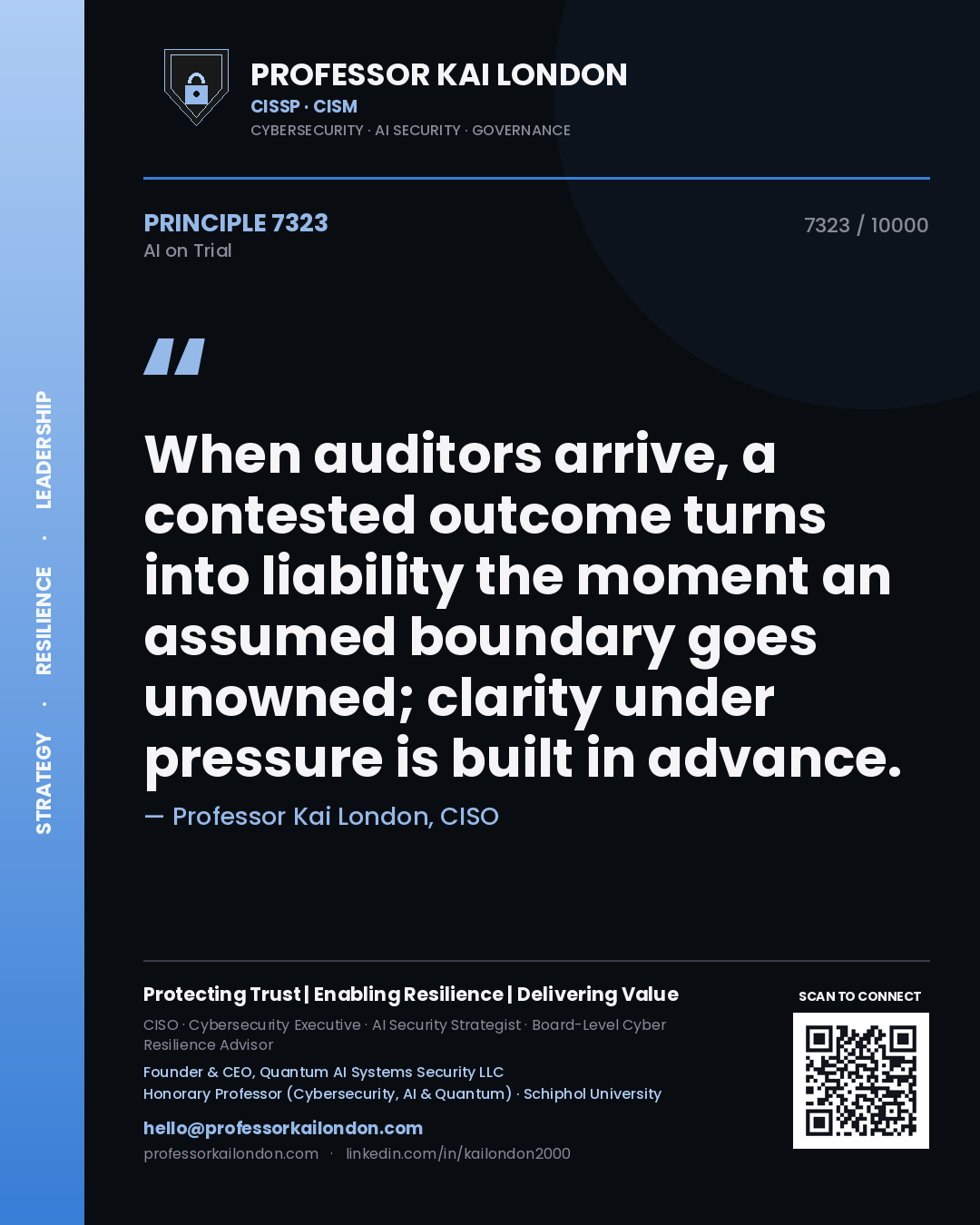 Quote card by Professor Kai London reading 'When auditors arrive, a contested outcome turns into liability the moment an assumed boundary goes unowned; clarity under pressure is built in advance.'. From the book AI on Trial.
