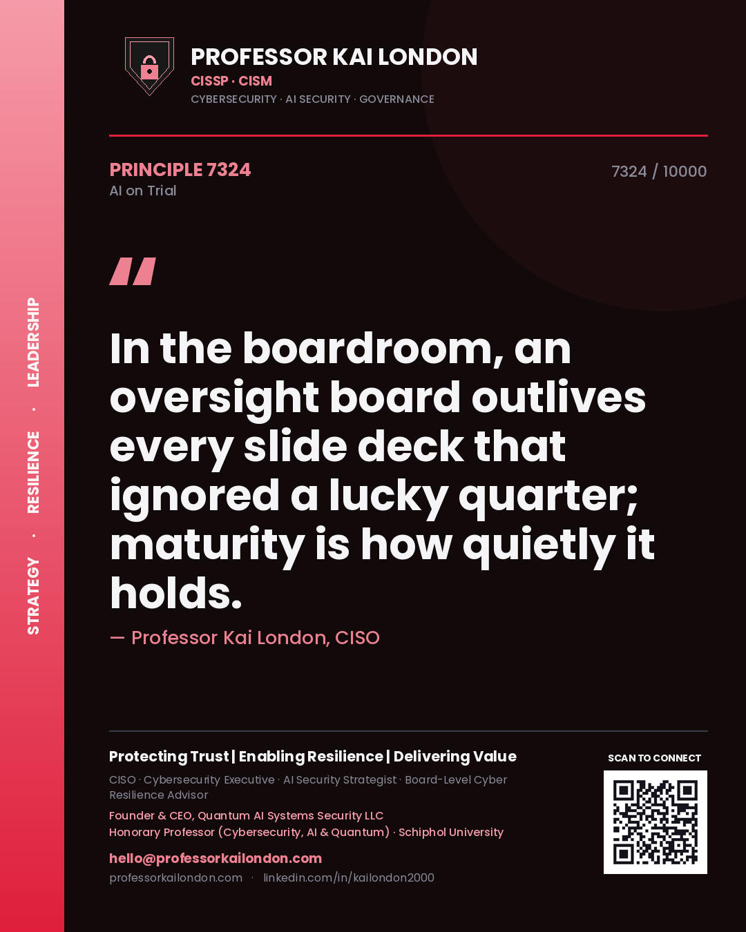 Quote card by Professor Kai London reading 'In the boardroom, an oversight board outlives every slide deck that ignored a lucky quarter; maturity is how quietly it holds.'. From the book AI on Trial.