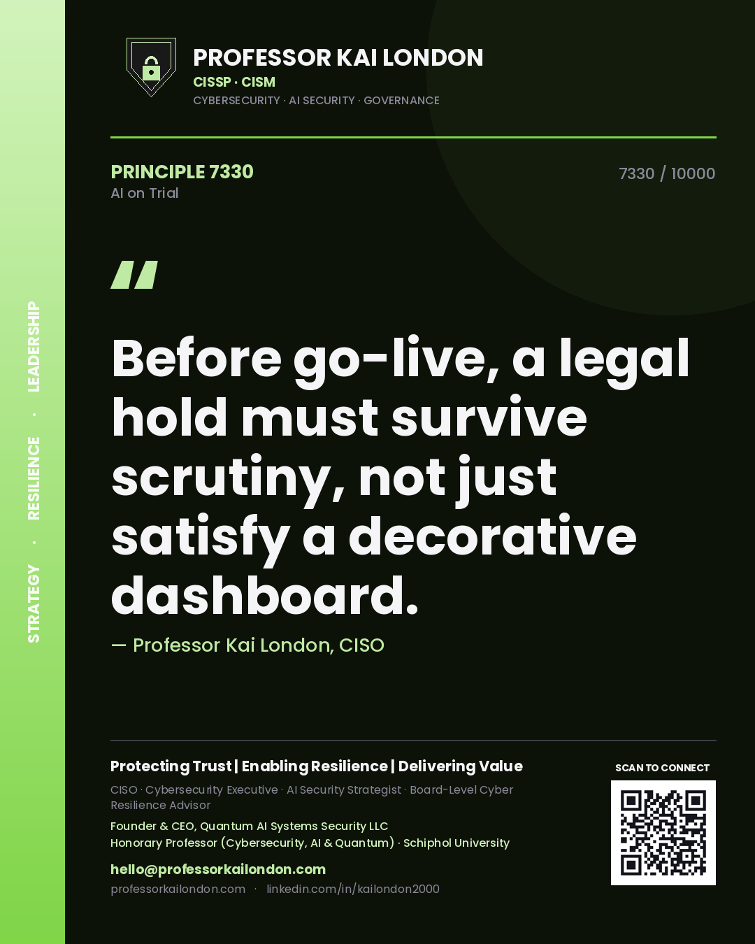 Professor Kai London principle 7330: Before go-live, a legal hold must survive scrutiny, not just satisfy a decorative dashboard.