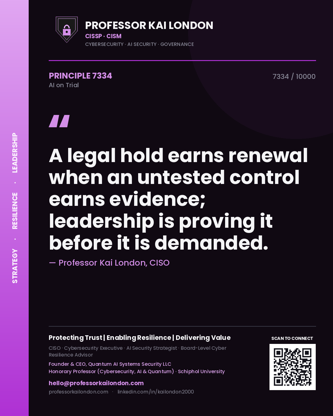 Professor Kai London principle 7334: A legal hold earns renewal when an untested control earns evidence; leadership is proving it before it is demanded.