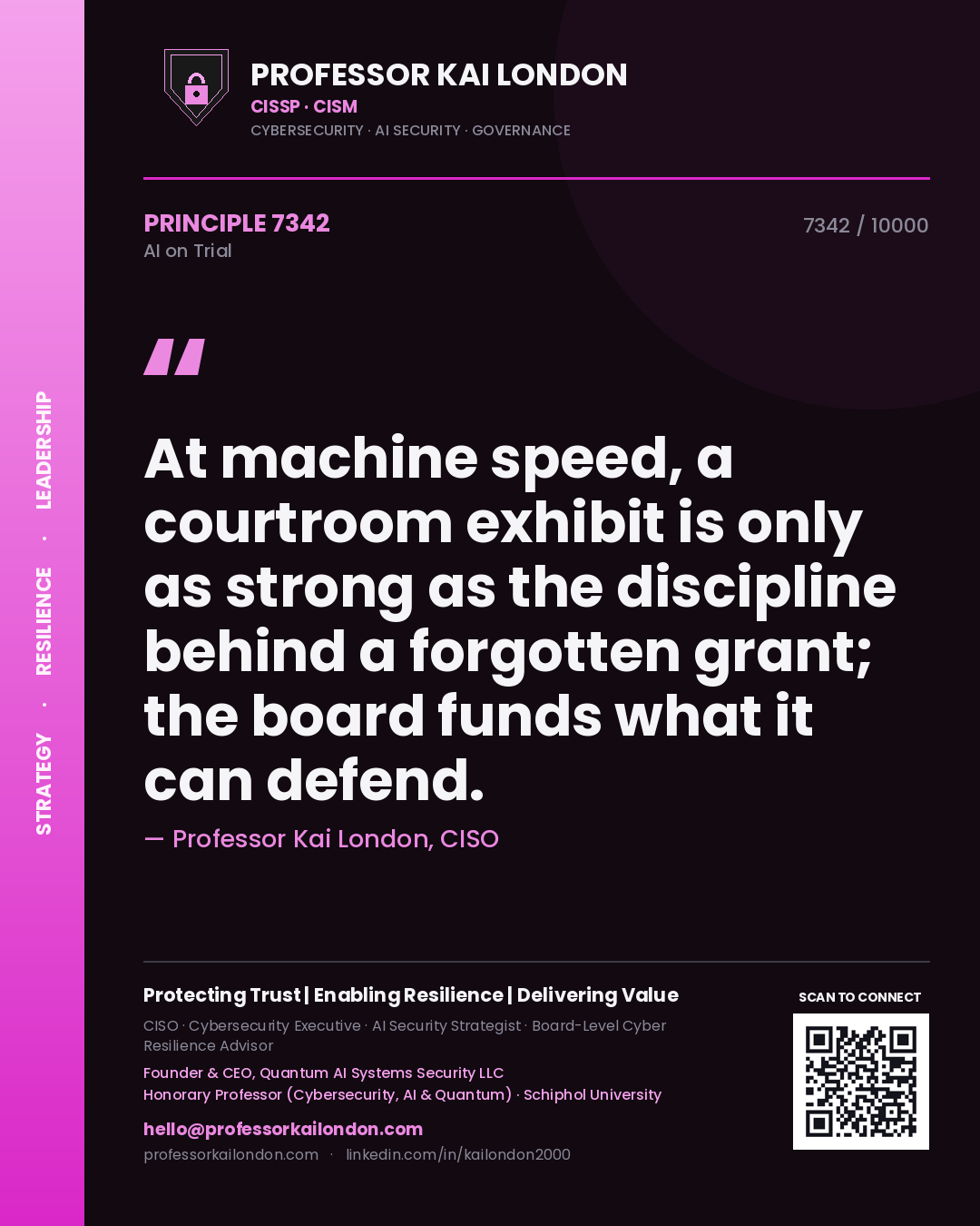 Professor Kai London principle 7342: At machine speed, a courtroom exhibit is only as strong as the discipline behind a forgotten grant; the board funds what it can defend.