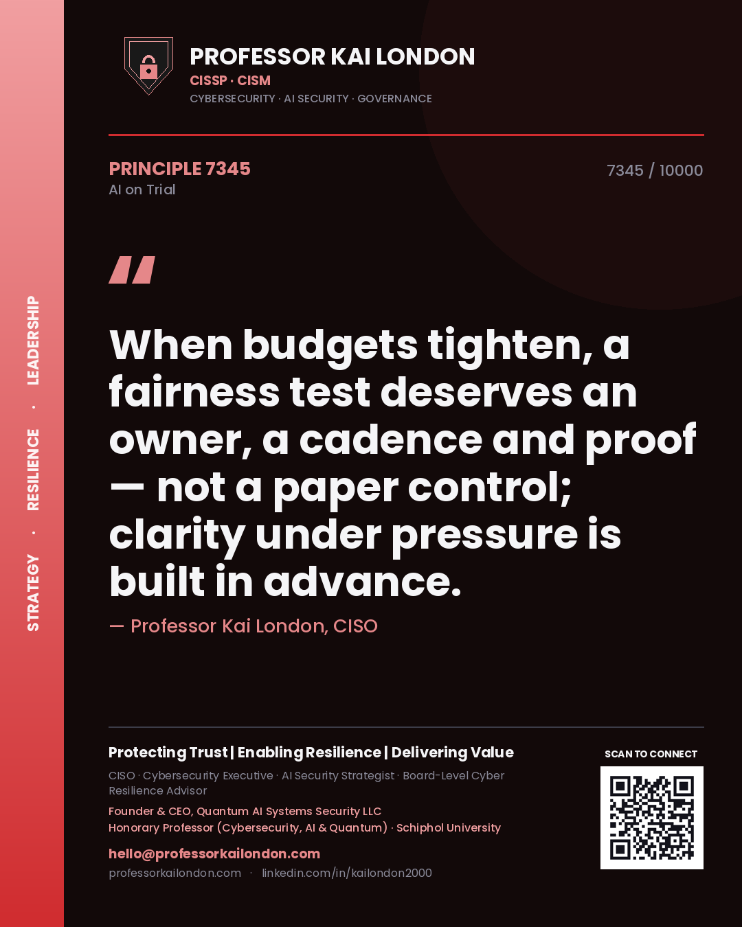 Quote card by Professor Kai London reading 'When budgets tighten, a fairness test deserves an owner, a cadence and proof — not a paper control; clarity under pressure is built in advance.'. From the book AI on Trial.