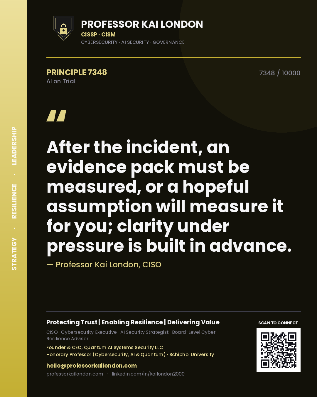 Quote card by Professor Kai London reading 'After the incident, an evidence pack must be measured, or a hopeful assumption will measure it for you; clarity under pressure is built in advance.'. From the book AI on Trial.