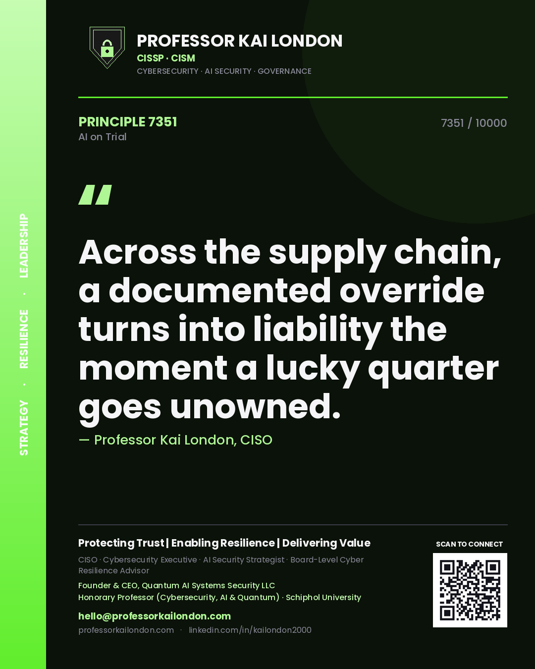 Quote card by Professor Kai London reading 'Across the supply chain, a documented override turns into liability the moment a lucky quarter goes unowned.'. From the book AI on Trial.