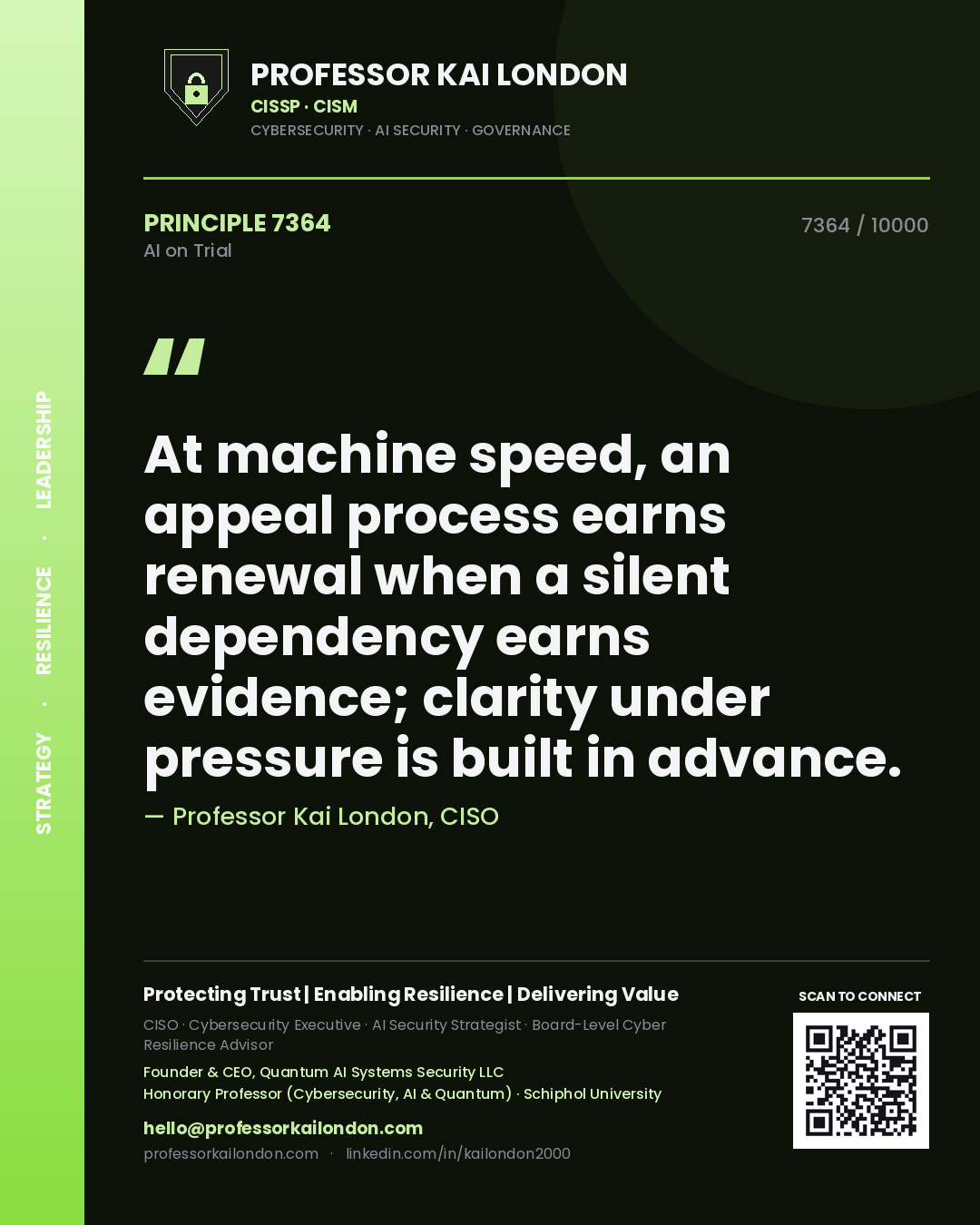 Quote card by Professor Kai London reading 'At machine speed, an appeal process earns renewal when a silent dependency earns evidence; clarity under pressure is built in advance.'. From the book AI on Trial.