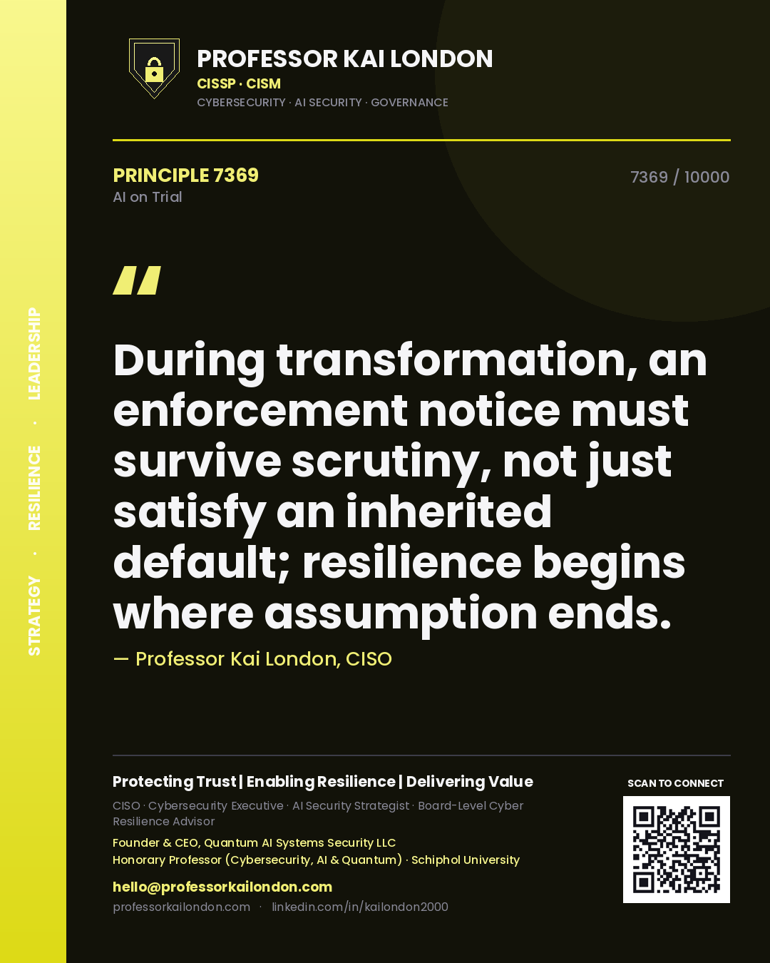 Quote card by Professor Kai London reading 'During transformation, an enforcement notice must survive scrutiny, not just satisfy an inherited default; resilience begins where assumption ends.'. From the book AI on Trial.